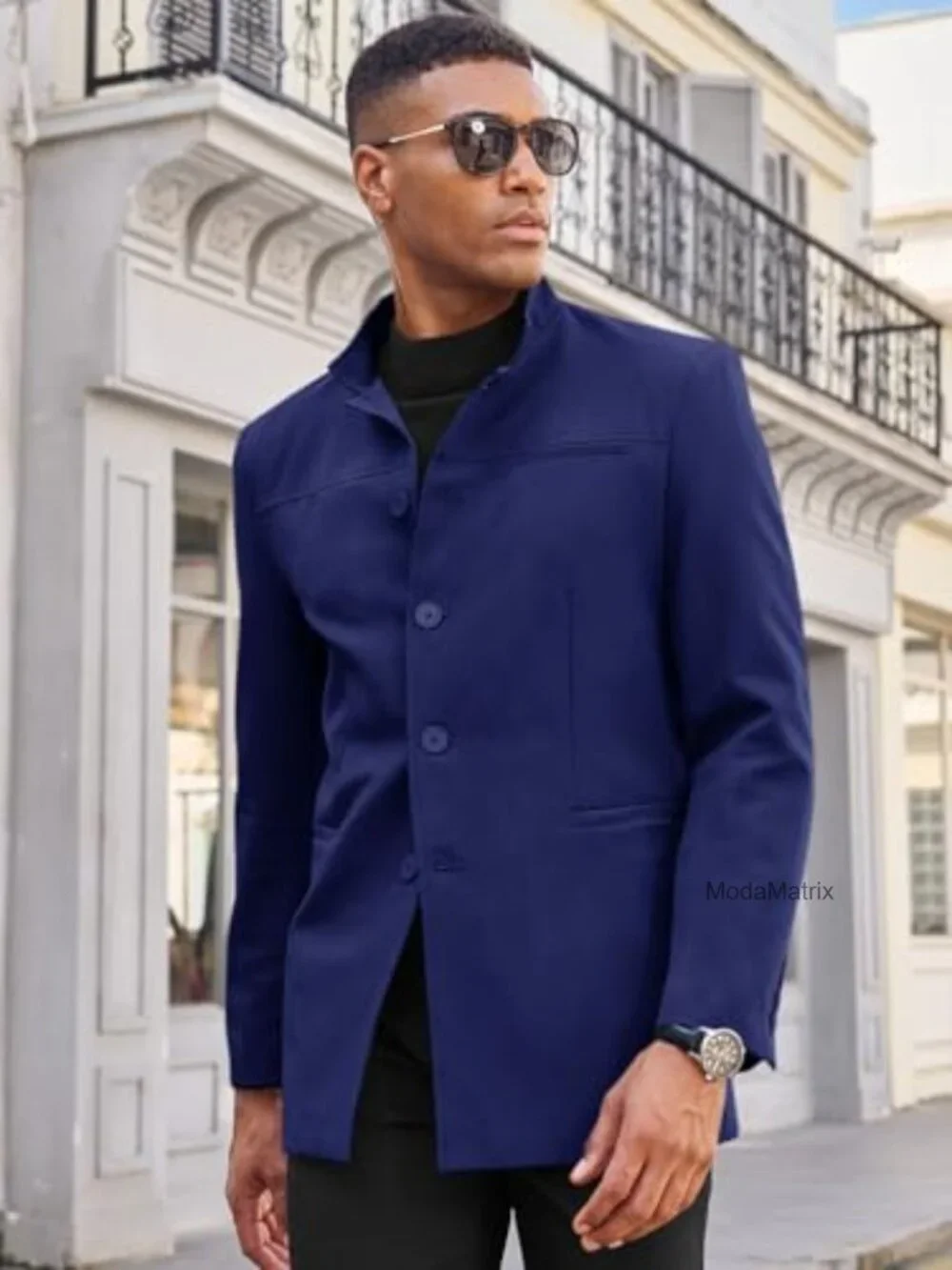Men's Mandarin Collar Casual Suit Blazer Single Breasted Sport Coat Cotton